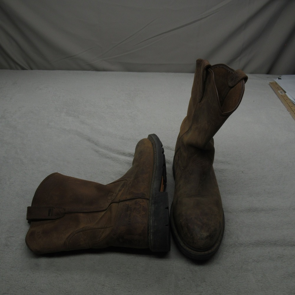 Ariat Mens 11.5 Work Boots Brown Leather Pull On Western Rugged‎ Roper Steel Toe